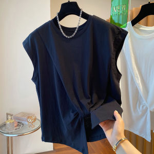 Summer 2025 Loose Fit Pure Cotton Sleeveless T-Shirt Womens Design Sense Asymmetrical Knot Black Miniature Flying Sleeve Top