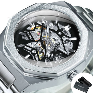 Forsining Classic Skeleton Mechanical Watch for Men Luminous Hands Stainless Steel Strap Business Irregular Automatic Watches