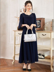 Summer Lace Splice Dress Womens Chiffon Long Skirt Commute round Neck Pleated Dress Overhead Miniature Ceremony 88336
