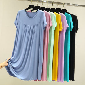 plus Size Modal Sleep Dress Womens Long Knee-Length Summer Dress Thin Home Clothes Nightgown round Neck Short Sleeve Dress