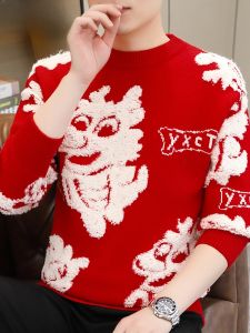 HENGYUANXIANG | Red Knitted Sweater 2025 Dragon Year Mens Fashion Loose Fit Celebratory Base Layer Shirt Youthful Urban Style Winter Long Sleeve
