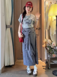 Shalldoer | Summer Outfit Womens Round Neck Short Sleeve T-Shirt and Plaid Mini Skirt Two-Piece Set Korean Style Dog Print Casual Wear