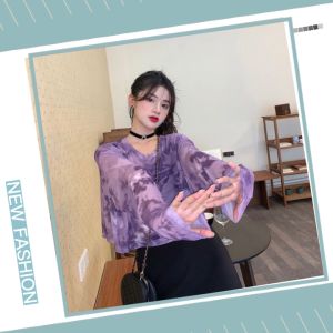 QDshop เสื้อแขนยาวแฟชั่นผญคอกลม 2 สี: เสื้อแฟชั่นแขนยาวผญ ลายมัดย้อมสีม่วงกับดำมี 2 สี 💜🖤 เสื้อคอกลมแขนสั้นแต่งตัว ง่ายใส่กับทุกลุค