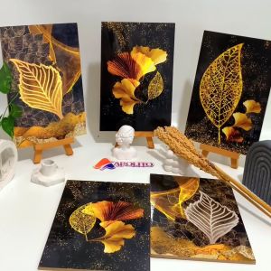 HIASAN DINDING BUNGA ABSTRAK GOLD AESTETIK (20X30CM) WALL DECOR PAJANGAN DINDING POSTER KAYU BUNGA MOSNTERA AESTETIK