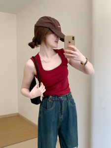 Slimming Solid Color Vest Square Collar Womens Outerwear Summer New Korean Style Elastic Fit Covering Side Breast Clothes