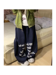 Retro American Printed Letter Loose Womens Casual Pants High Waist Elastic Wide Leg Anti-Pilling for Casual Wear