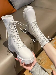 Womens Martin Boots Spring Autumn Thin Thick Bottom Heightening Short Retro Vintage Mid-Calf Motorcycle Boots Cross Buckle
