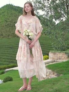 XIANGYING | French Lace-trimmed Short Sleeve Chiffon Midi Dress