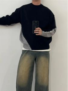 American Retro Knitted Patchwork Design round Neck Sweater Men Winter Casual Color Block Loose Versatile Knitted Top