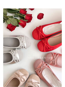 รองเท้าส้นแบนสไตล์มิวสไตล์ฝรั่งเศสสำหรับผู้หญิง สีแดง ทรงกลม รองเท้า Mary Janes สไตล์วินเทจ ทรงหัวมน รองเท้าบัลเลต์ส้นแบน