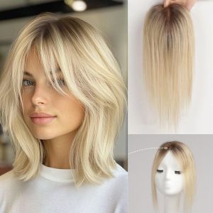 Mái Tóc Giả Nối Tóc Người Màu Nâu Ombre Vàng Hoe Đế Ren Kẹp Tóc Tóc Nối Remy 12 Inch Mái Giữa Dành Cho Nữ