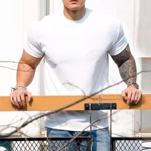 Summer Texture Fitness Short Sleeve Mens Heavy Weight Cuff T-shirt Sports Tops Elastic Breathable Muscle Showing Training Wear