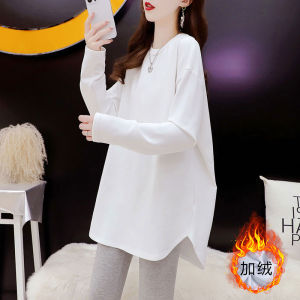 Áo Thun Cotton Dài Tay Màu Trắng Lót Lông Cừu Cho Nữ Mùa Thu Đông Phong Cách Hàn Quốc Cổ Tròn Dáng Rộng