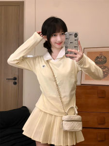 INS Style Heart Labeling Shoulder T-Shirt Female Korean Style Preppy Style Polo Collar Long Sleeves Gentle Sweet Girl Style Waist Trimming Short