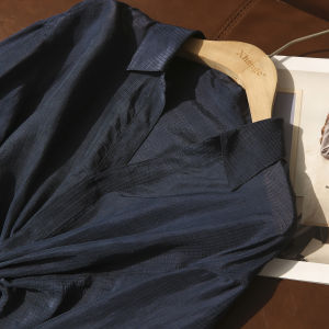 French Elegant Linen and Silk Fine Grid Knot Design V Neck Shirt
