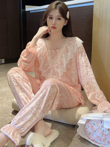Sweet Cute Warm Autumn Diamond Velvet Lace Trim V-neck Long Sleeve Sleepwear Set Womens Home Clothes Comfortable Elastic Waist