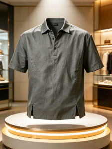 Áo Polo Tay Ngắn Chất Liệu Linen Màu Xám Đính Hình Slim Fit Mùa Hè
