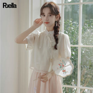 Puella Summer New Style Chinese National Style Button Slimming Bell Sleeve Shirt Cotton Short Sleeve Stand Collar Regular Fit