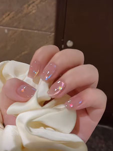 Handmade Rainbow Ice Transparent Glass Bead Cat Eye Nail Stickers Detachable Long-lasting Wearable False Nails Bright Color