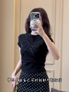 Áo Thun Tay Ngắn Màu Đen Có Nơ Cho Nữ Mùa Hè Phong Cách Mới Ôm Vừa Vặn Thon Gọn Thắt Eo Đa Năng Áo Ngắn