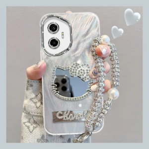 Luxury Rhinestone KT Cat Makeup Mirror Stand Honor 300 Phone Case Full Cover Compatible with Honor 200 pro Womens High-End INS Style Rope