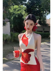 chaqi | Áo vest in họa tiết gợi cảm mùa hè Áo hở lưng thiết kế cổ treo Áo vest không tay Pure Desire Atmosphere