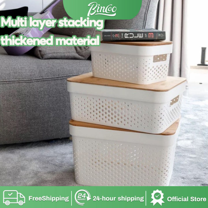 Bincoo vintage Rattan Storage Basket With Wooden Lid Clothes Underwear