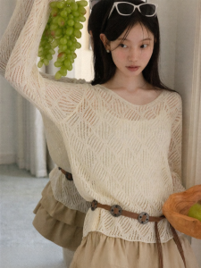 Korean Style Almond Color Round Neck Hollow Knitted Sweater Sun-Protective