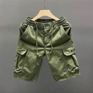 Summer Washed Vintage Elastic Waist Workwear Four-Quarter Short Pants Mens American New Loose Straight Pocket Five-Pocket Pants