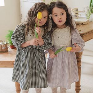 Spring 2025 Cotton Gauze Girls Dress Plaid Lace Splice Lace Collar Childrens Clothing Soft Comfortable High Waist Midi Skirt