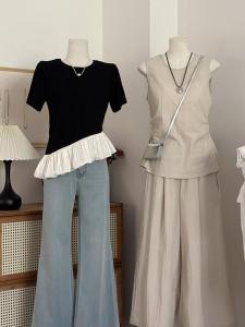 Ballet Style Splice T-Shirt Womens Design Sensation Short Sleeve Mesh Slimming Slim Fit round Neck Casual Summer Top