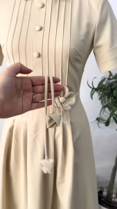 Đầm công sở sang trọng váy tiểu thư đi tiệc đầm thiết kế thanh lịch Cotton Hàn xếp ly dài xoè cổ bẻ tay ngắn đính nút kèm thắt lưng bông rời