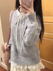 Áo Len Dệt Kim Thêu Bướm Mềm Mại Ngọt Ngào Áo Khoác Dài Tay Cổ Chữ V Hai Mảnh Dành Cho Nữ Quần Dài Mùa Thu Trung Quốc