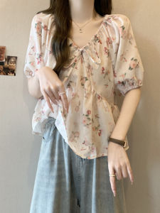 plus Size Womens French Gentle Style Short Sleeve Shirt Waist Cinched Floral Print Summer Versatile Slimming Elegant Top