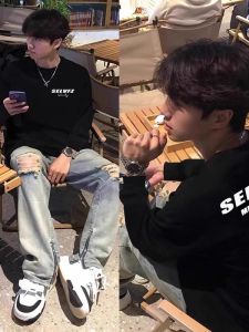 เสื้อยืดคอกลมแขนยาวผ้าฝ้ายแท้สีดำสไตล์อเมริกันสำหรับวัยรุ่น ทรงหลวม ลำลอง เสื้อชั้นใน แฟชั่นฤดูใบไม้ร่วง/ฤดูหนาว