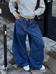กางเกงยีนส์ทรงหลวมสไตล์อเมริกันย้อนยุค กางเกงขายาวทรงหัวเข็มขัดสำหรับผู้ชาย กางเกงยีนส์ทรงหลวมสบาย ๆ สไตล์วัยรุ่น