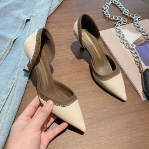 รองเท้าส้นเตี้ยแบบสวมสำหรับผู้หญิง ทรงหัวแหลม ส้นสูงแบบบาง รองเท้าทำงานสไตล์ฝรั่งเศส กันลื่น ทรงลำลอง รองเท้าทำงานสไตล์เยาวชน