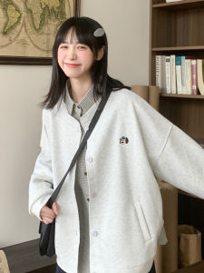 Grey Sweatshirt Cardigan Womens Baseball Style Jacket Small Rain Good Quality Japanese Style Dog Pattern Cotton Polyester Blend