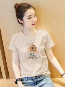 เสื้อยืดแขนสั้นผ้าฝ้ายแท้สําหรับผู้หญิงสไตล์ฤดูร้อนคอกลมพิมพ์ลายลําลอง K-สไตล์หลวมพอดีเสื้อผ้าทํางาน