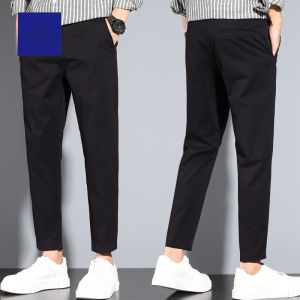 ROMON | Lormen Mens Casual Pants Summer Thin Pure Cotton Slim Straight Leg Elastic No Iron Nine Points Long Pants Ice Silk