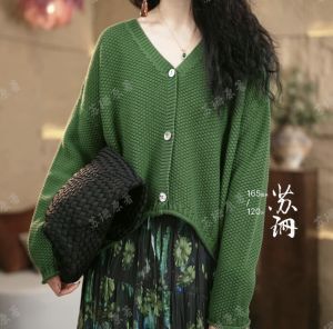Loose Cotton Knitted V-Neck Long Sleeve Cardigan Womens Spring Autumn Outerwear Comfortable Breathable Casual Style