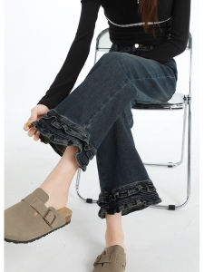 Retro Blue Gingham Edge Denim Jeans Womens Straight Leg Nine Pointed Pants High Waist Loose Fit Casual Autumn Spring