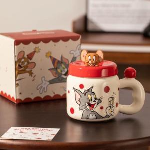 แก้วกาแฟเซรามิกลายแมวและกระต่ายพร้อมฝา แก้วดื่มน้ำคู่สุดน่ารักสำหรับผู้ชายและผู้หญิง แก้วนมเช้า ของใช้ในบ้าน