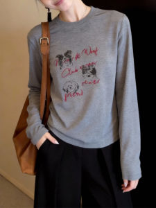 QINGNAER | Stylish Versatile Dog Letter Print Long Sleeve T-Shirt