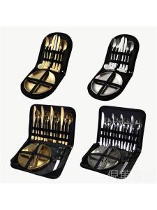 Outdoor Travel Stainless Steel Tableware Camping Picnic Barbecue Plate Clip Steak Knife Fork and Spoon Suit Portable Cosmetics Bag