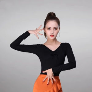 Qsuccua Black Red Pink Long Middle Sleeve Latin Dance Top T-shirt