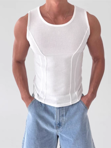 เสื้อกั๊กแขนกุดผ้าไหมน้ำแข็งสไตล์อเมริกันสำหรับผู้ชาย ทรงเข้ารูป แขนกุด คอตั้ง สีพื้น แฟชั่นสปอร์ต เสื้อกล้าม