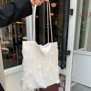 Large Capacity Floral Lace Embroidery Single Shoulder Bag Korean Style Womens Fashion Canvas Bag Soft Foldable Casual Handbag