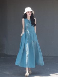 Zimo Qinghe ~ Mori Style Linen Vest Long Skirt Womens K-style Sleeveless Cake Dress Fairy Swing Cotton and Linen Dress