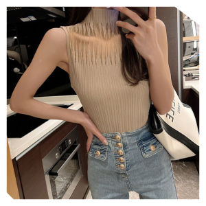 ⚜️SF Women’s Tanks 2023 New Korean Style Ladies Tops Casual Solid Plus Size Semi-high Neck Sleeveless Female Knitted Vest